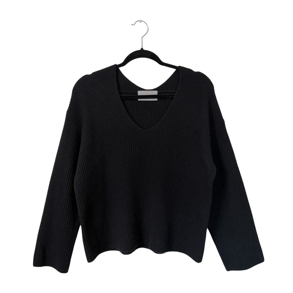 Everlane Black Solid 100% Cashmere V-Neck Ribbed Sweater, Medium